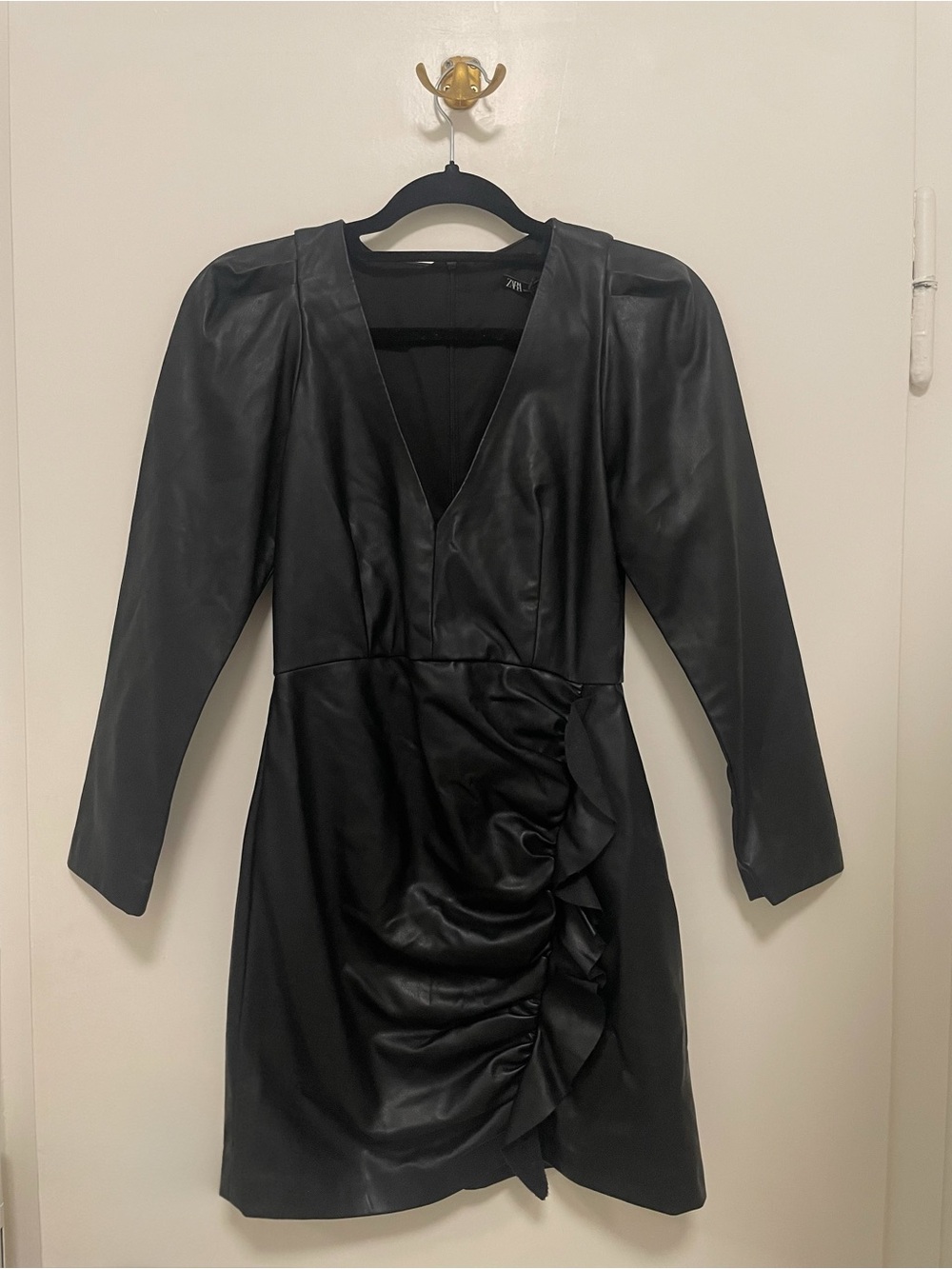 Zara Black Faux Leather Long Sleeve Ruffle Mini Dress